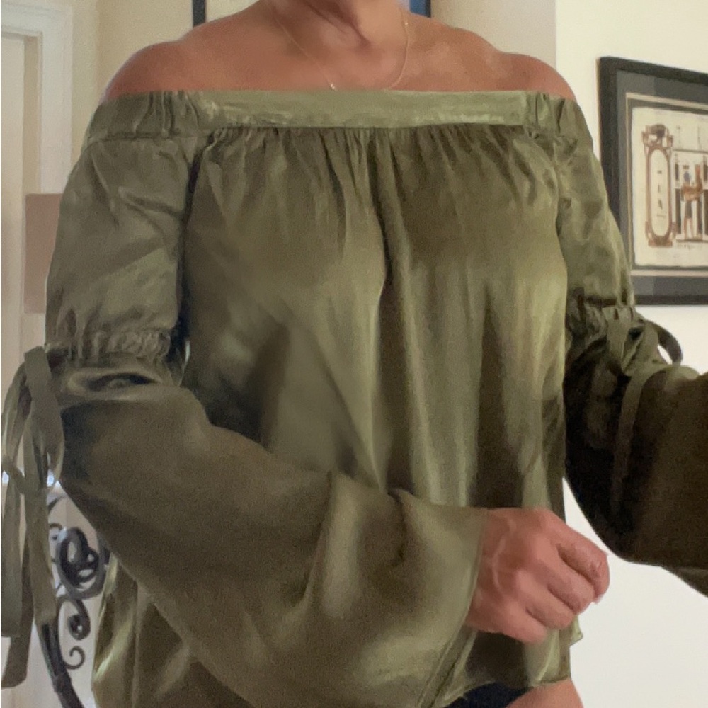 Beautiful L’ academie satin olive green off shoulder blouse